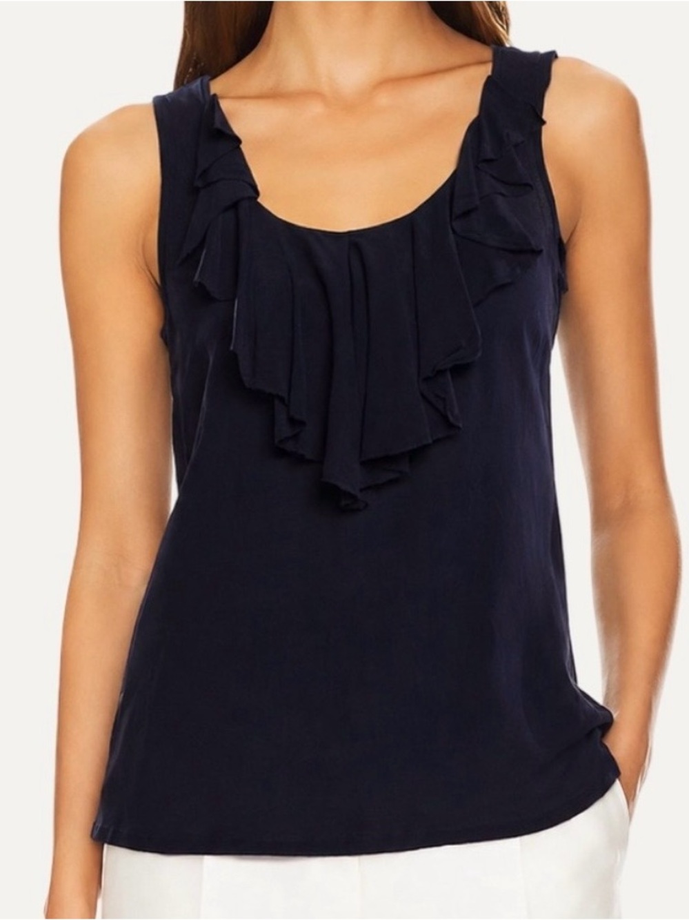 Tory Burch Navy Ruffled Scoop Neck Tank